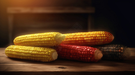 一串玉米木桌上的玉米棒插画