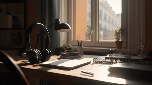 录音笔和笔记本电脑坐在阳光充足的房间里整洁的桌子上图片