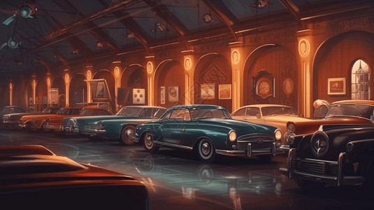 汽车博物馆复古汽车插画