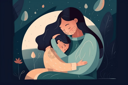 母亲和孩子拥抱在一起插画图片