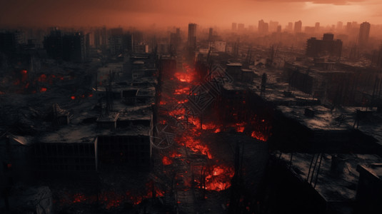 建筑火灾烧焦的城市景观视角插画