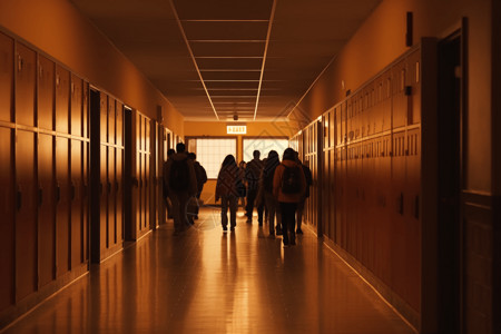 学生在课间熙熙攘攘的走廊的镜头背景图片