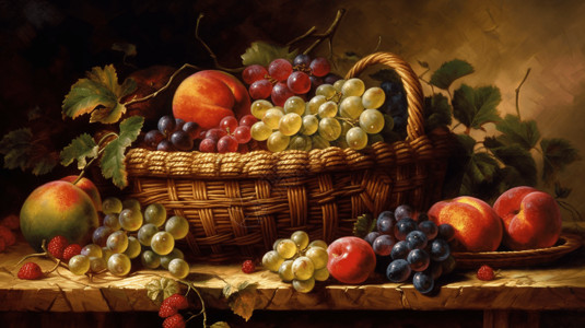 放在桌上的新鲜水果水果篮里的新鲜水果插画