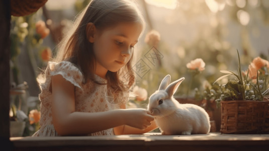 阳光下抱着兔子的女孩背景