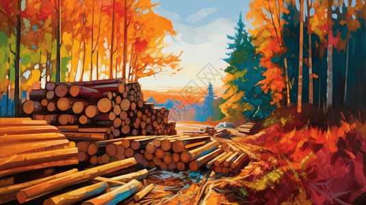 原木木材树林里砍伐的原木插画