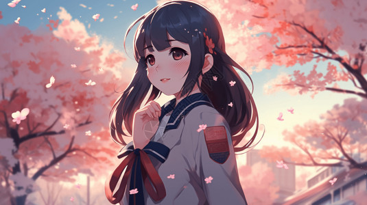 樱花下的动漫少女背景图片