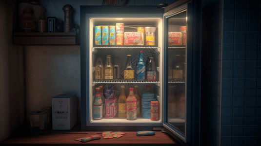迷你饮料素材放着饮品的冰箱插画