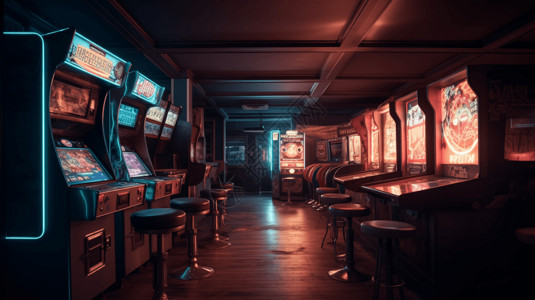 酒吧凳拥有经典游戏和霓虹灯照明的老式街机插画
