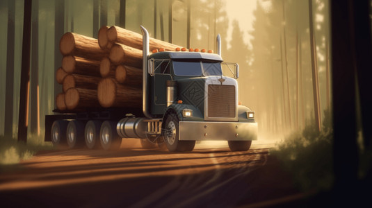 伐木卡车满载木材驶过道路图片