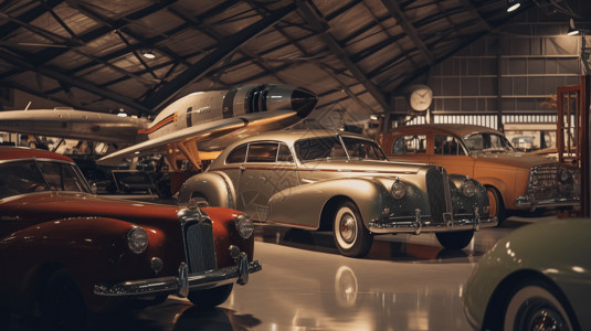老式汽车和飞机的展览背景图片