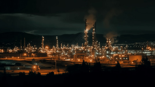 夜晚工作的炼油厂和城市的灯光图片