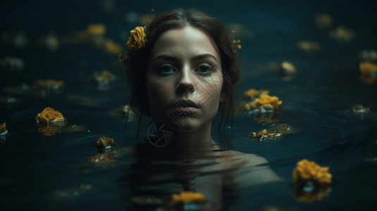 粉菊花花朵美女女孩在水中看黄色的菊花背景