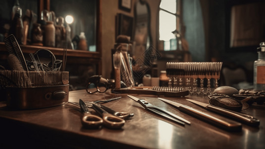理发店工具美发沙龙工具在桌子上背景