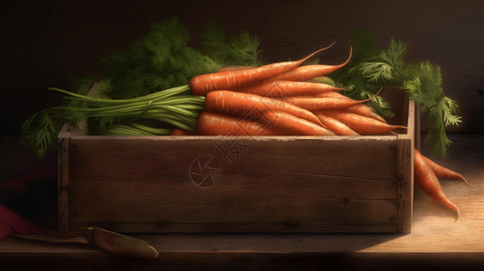 新鲜果蔬装在木箱里的胡萝卜插画
