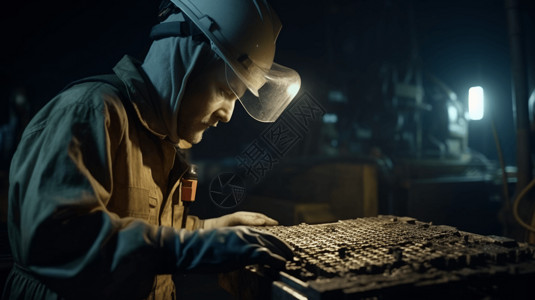 一名穿着防护装备的工人正在检查一件采矿设备图片