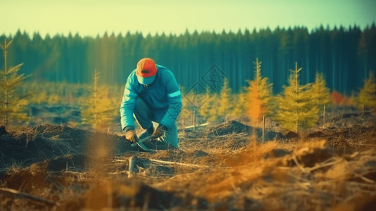 林业工人在种植树木高清图片
