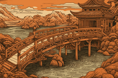 中式建筑风格浮世绘中国木桥插画