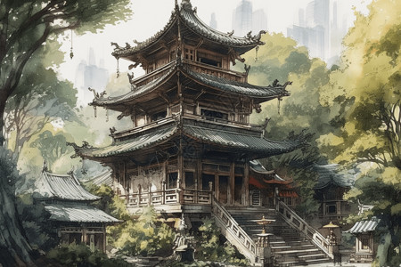 中国寺庙建筑水彩画图片