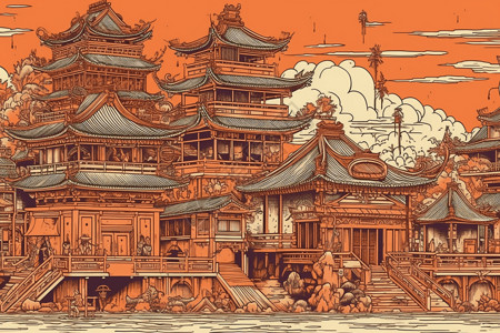 浮世绘风格的中国宫殿图片
