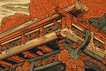 浮世绘风格的中国装饰横梁图片