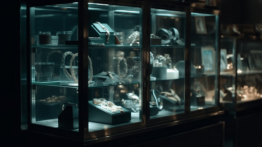 现代玻璃陈列柜中的首饰背景图片