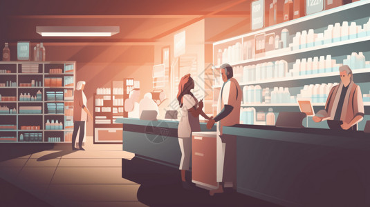 药店店员顾客正在药房买药插画