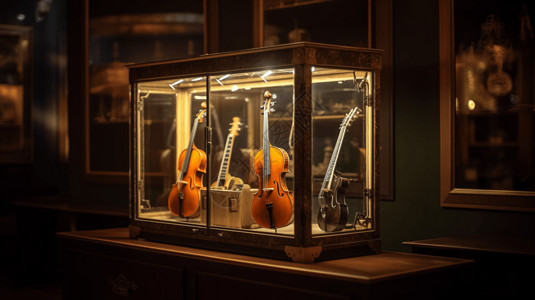 老式展示柜里的小提琴图片
