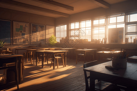餐厅插画素材透过窗户的阳光洒在教室内背景