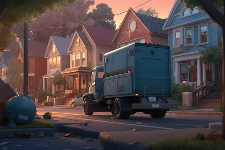 自动卡车自动垃圾车3d场景插画