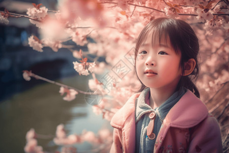 小女孩欣赏樱花图片