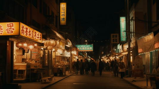 生活市集夜晚的街道和商贩背景