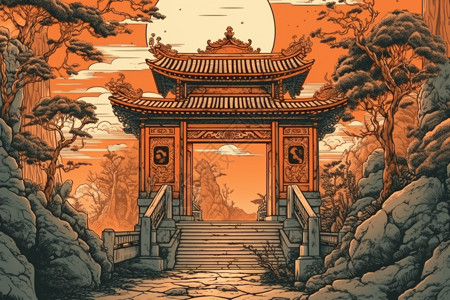 优雅风格中国风拱门插图插画