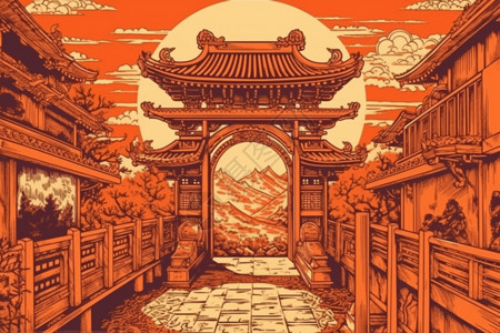 版画中国风拱门插图背景图片