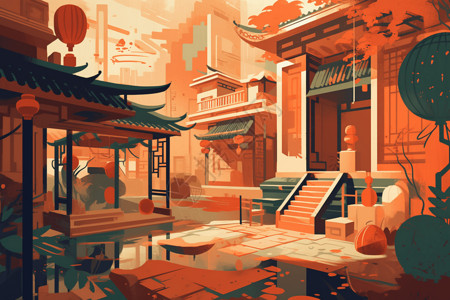 中国庭院风格插图背景图片
