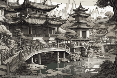 中国古典园林复杂插图背景图片