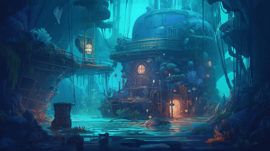 蓝色界面水下冒险游戏创意概念插画