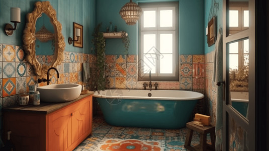 波西米亚风格浴室效果图背景图片