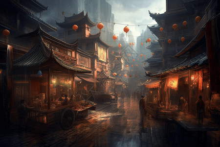 中国繁华街道中国风传统复古小街镇插画