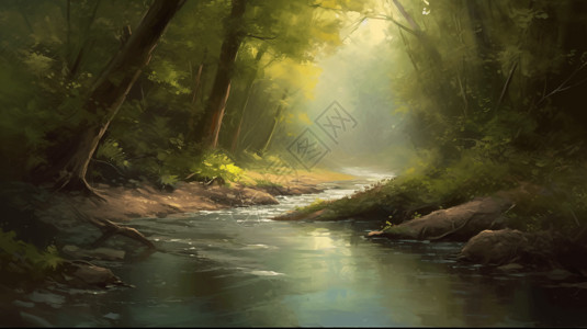 森林溪流插画图片