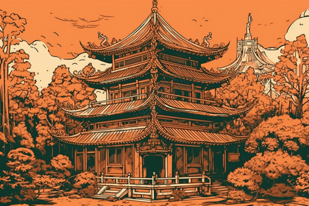 浮世绘风格的中国展馆的复杂插图背景图片