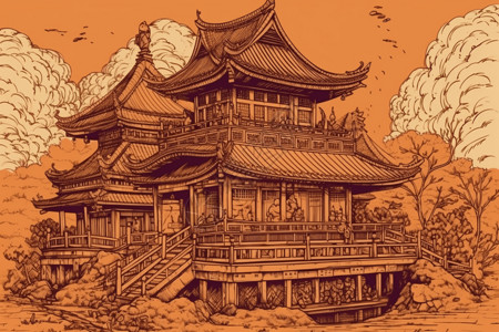 浮世绘风格的中国展馆插图背景图片