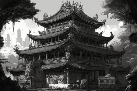 黑白阴影边框中国寺庙笔墨绘画插画