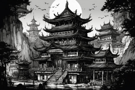 黑白阴影边框中国寺庙黑白绘画插画