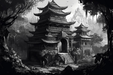 中国寺庙黑白插画背景图片