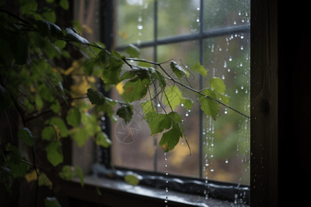 窗外植物窗外的小雨背景
