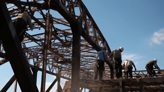 钢框架钢铁工人在高空作业组装钢拱桥背景