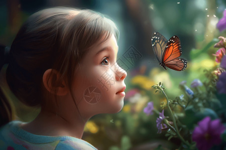小女孩在花园里看蝴蝶背景图片