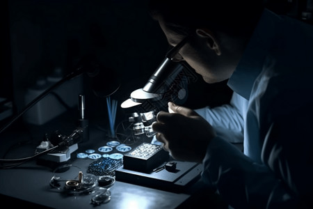 细微之处技术人员使用显微镜组装设备背景