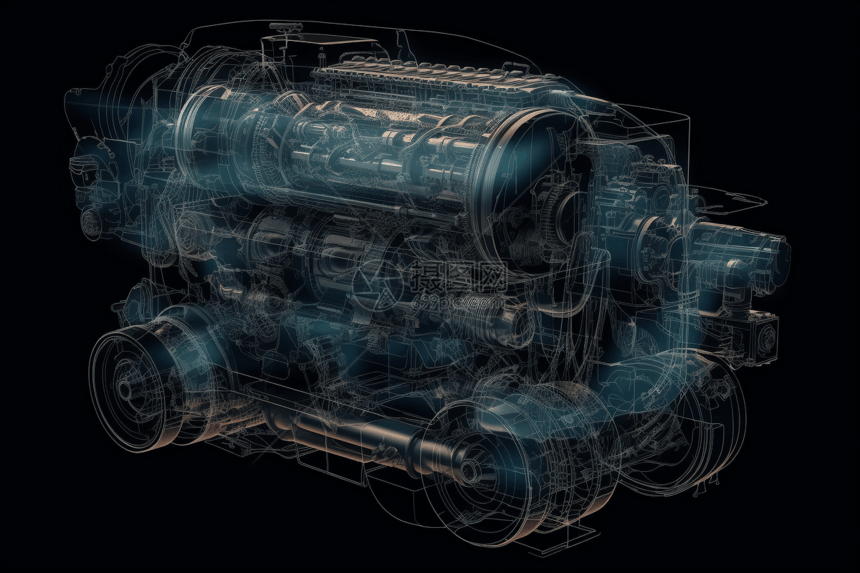 3D汽车发动机的射线图图片