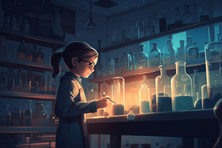 虚拟仿真实验女孩进行科学实验插画